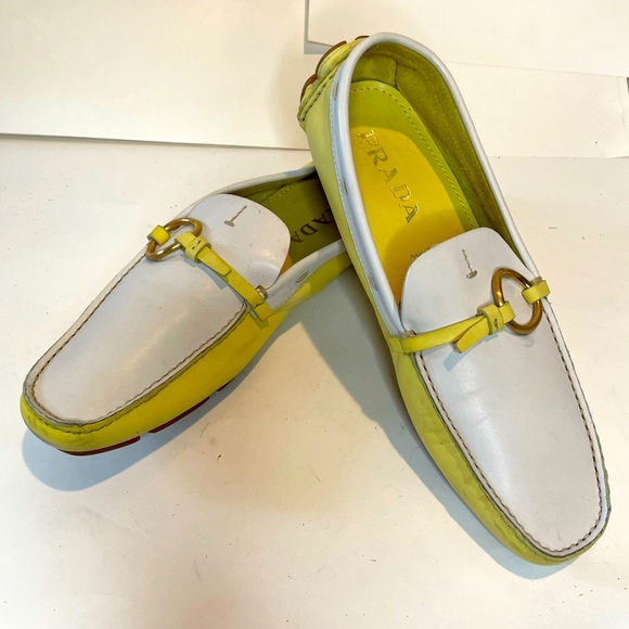 PRADA WHITE/YELLOW LOAFER FLATS 38.5 - Picture 1 of 9